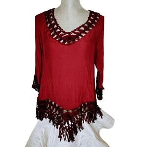 Burgandy tunic bohemian crochet  blouse  L